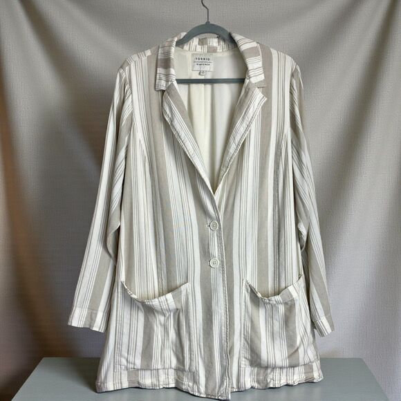 Torrid 3X  Plus Linen-Blend Blazer Jacket Beige Stripe Lined Pockets Fall Layers - Picture 1 of 8